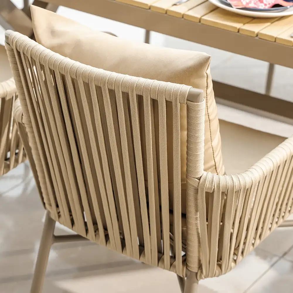 AJUNION 7 Piece Outdoor Dining Set Aluminum Frame Plastic Wood-top Dining Table Handwoven Rope Armchairs Garden Dining Furniture