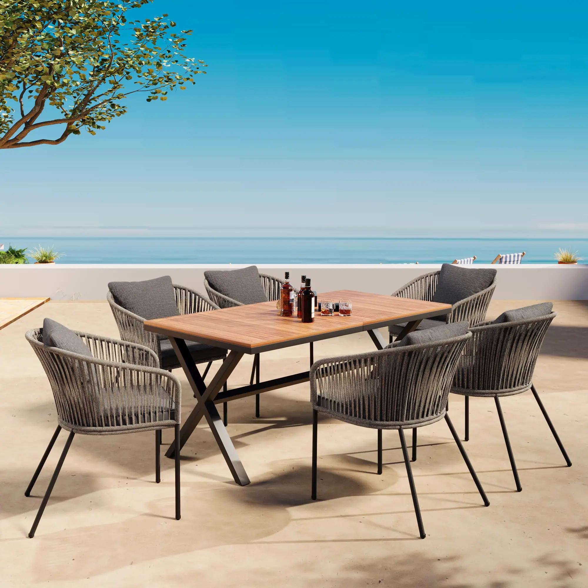 All-Weather Outdoor Wicker Furniture Set Acacia Wood Tabletop Metal Frame Patio Dining Set Table and Chairs for Garden