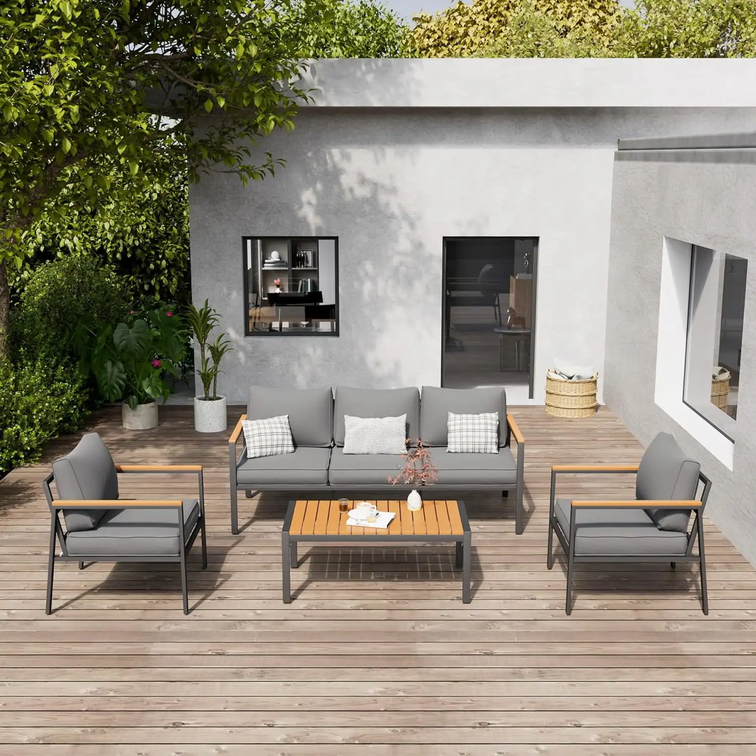 AJUNION Metal Courtyard Furniture Set Plastic Wood Coffee Table Outdoor Balcony Furniture Sectional Sofa Garden Set