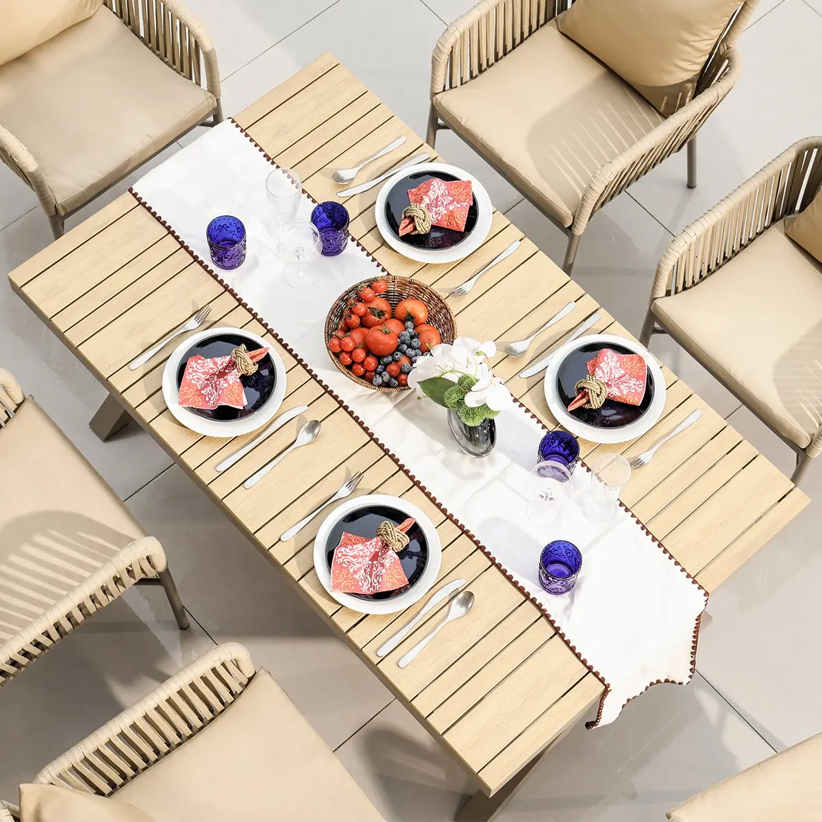 AJUNION 7 Piece Outdoor Dining Set Aluminum Frame Plastic Wood-top Dining Table Handwoven Rope Armchairs Garden Dining Furniture