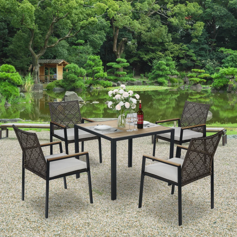 All Weather 5-Piece Patio Conversation Set Acacia Wood Table Top with Umbrella Hole Coffee Brown Rattan