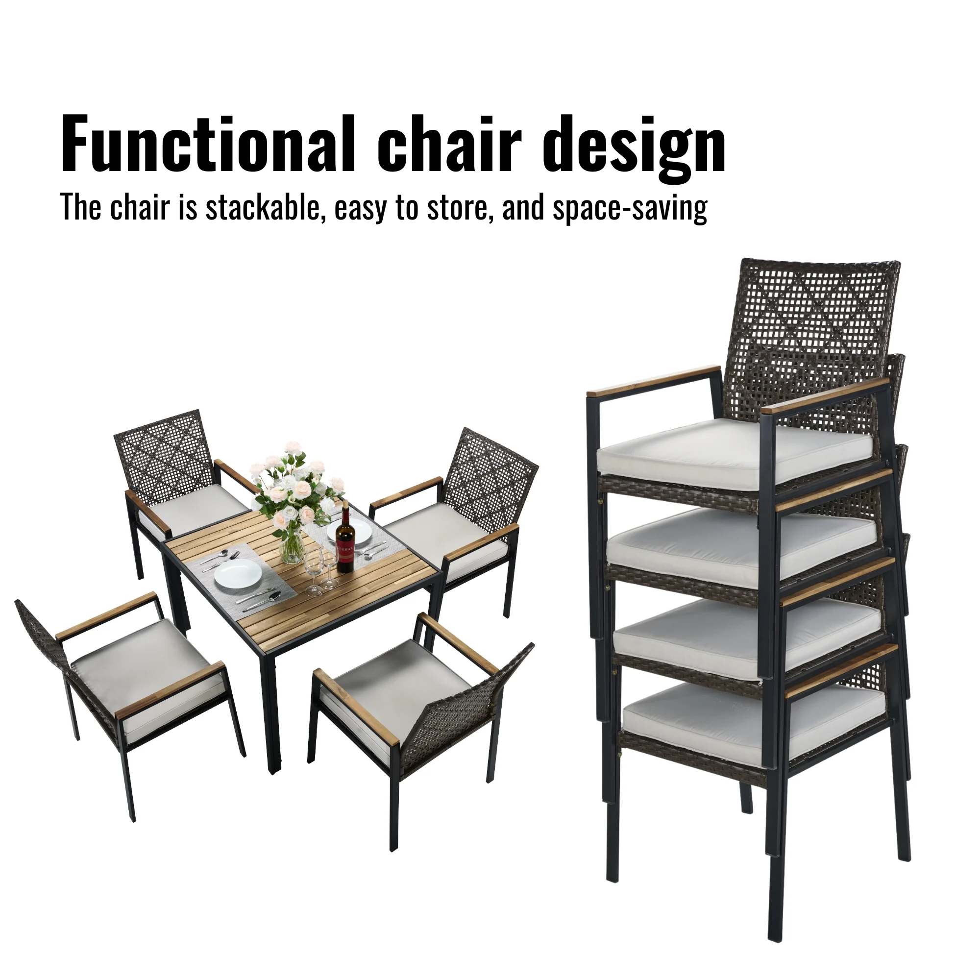 All Weather 5-Piece Patio Conversation Set Acacia Wood Table Top with Umbrella Hole Coffee Brown Rattan