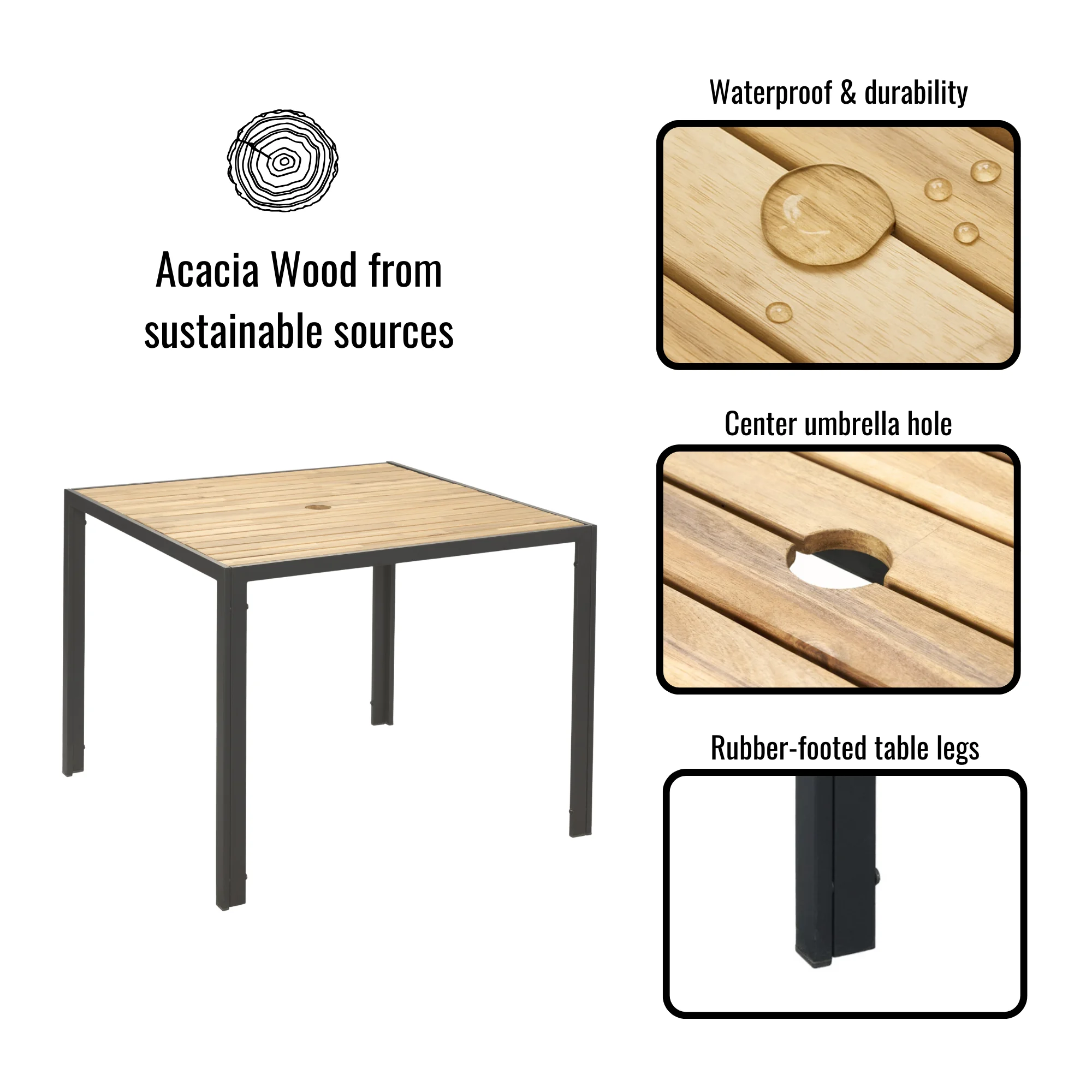 All Weather 5-Piece Patio Conversation Set Acacia Wood Table Top with Umbrella Hole Coffee Brown Rattan