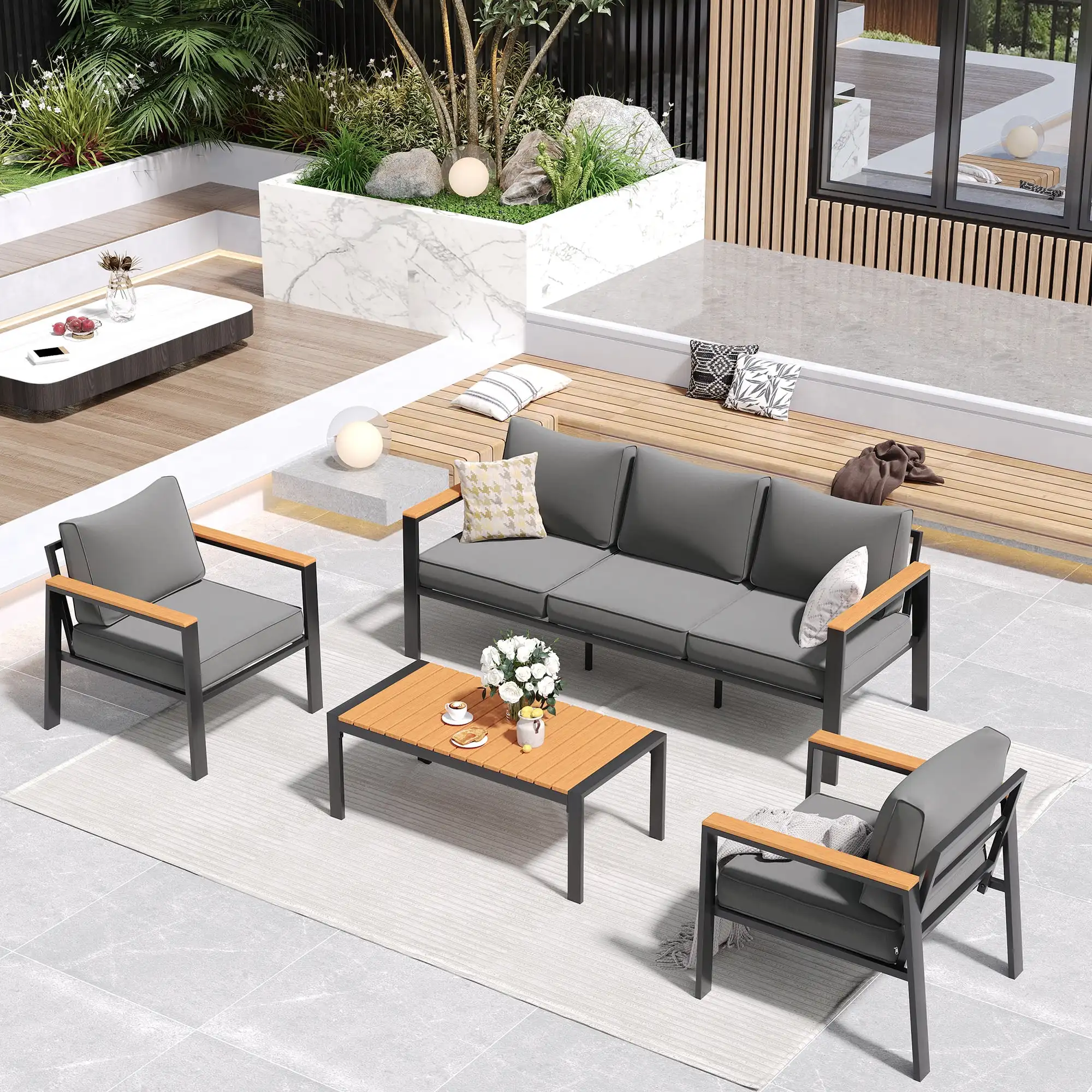 AJUNION Metal Courtyard Furniture Set Plastic Wood Coffee Table Outdoor Balcony Furniture Sectional Sofa Garden Set