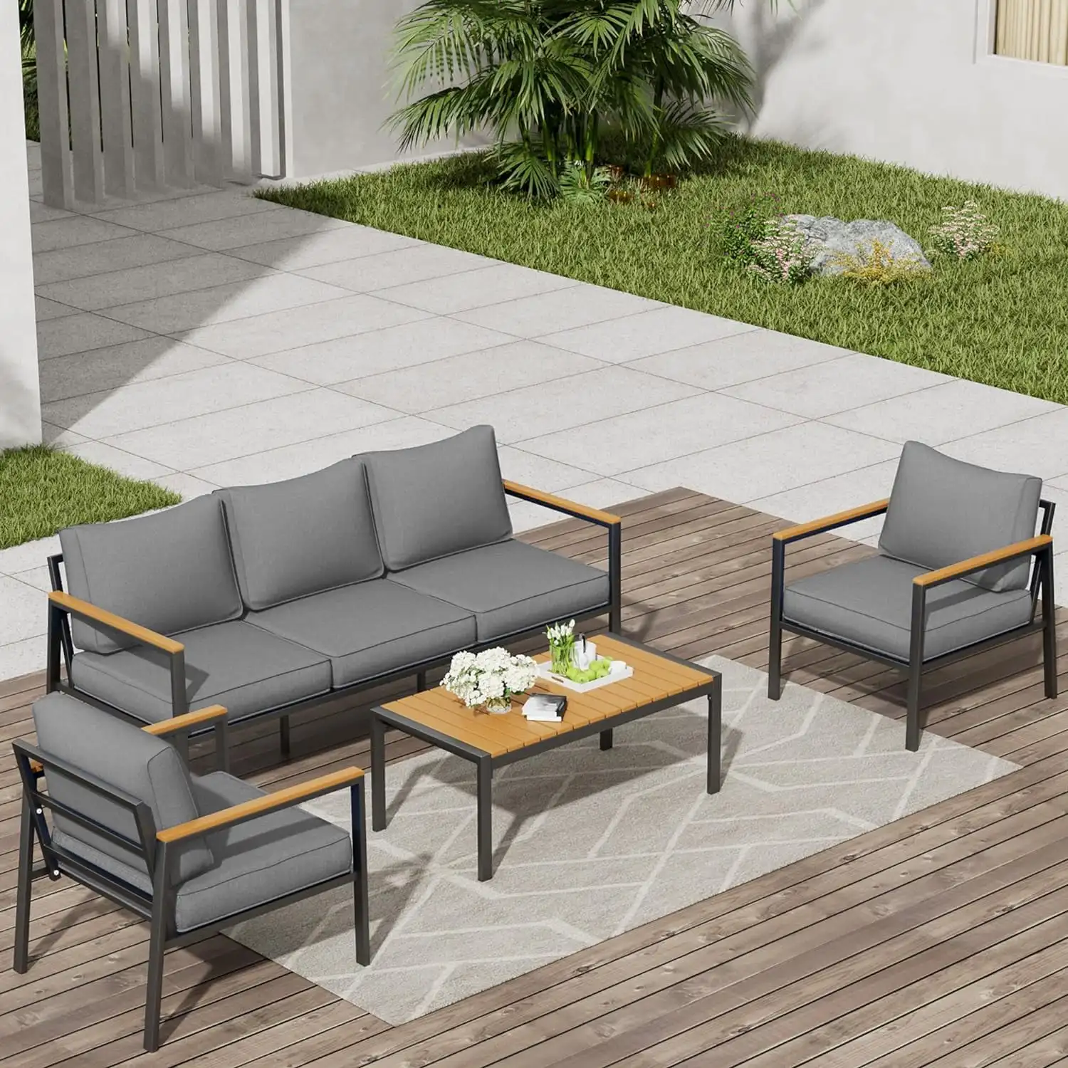 AJUNION Metal Courtyard Furniture Set Plastic Wood Coffee Table Outdoor Balcony Furniture Sectional Sofa Garden Set