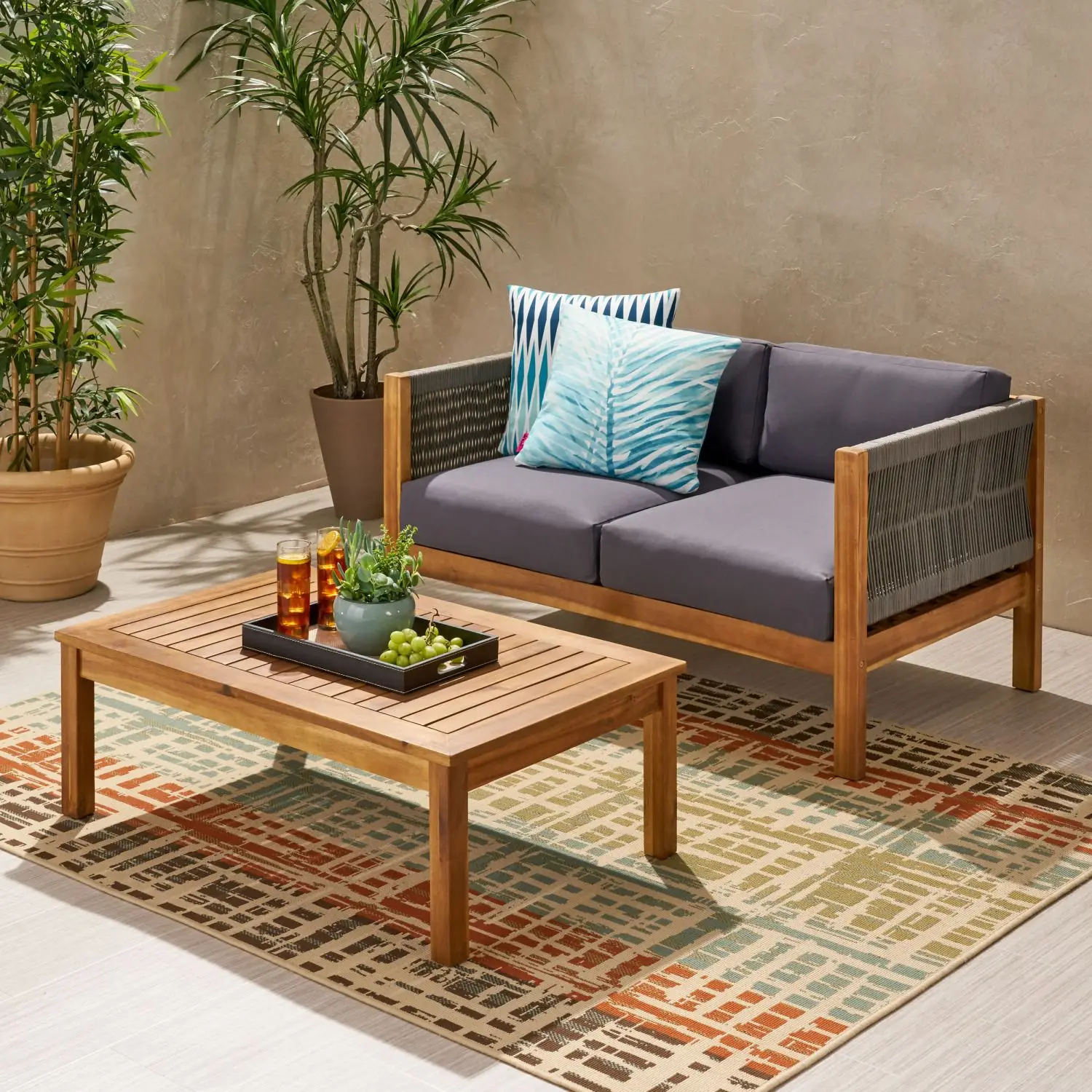 Minimalistic Style Patio Loveseat Coffee Table Set Acacia Wood Frame Cushions for Garden Poolside Conversation Furniture