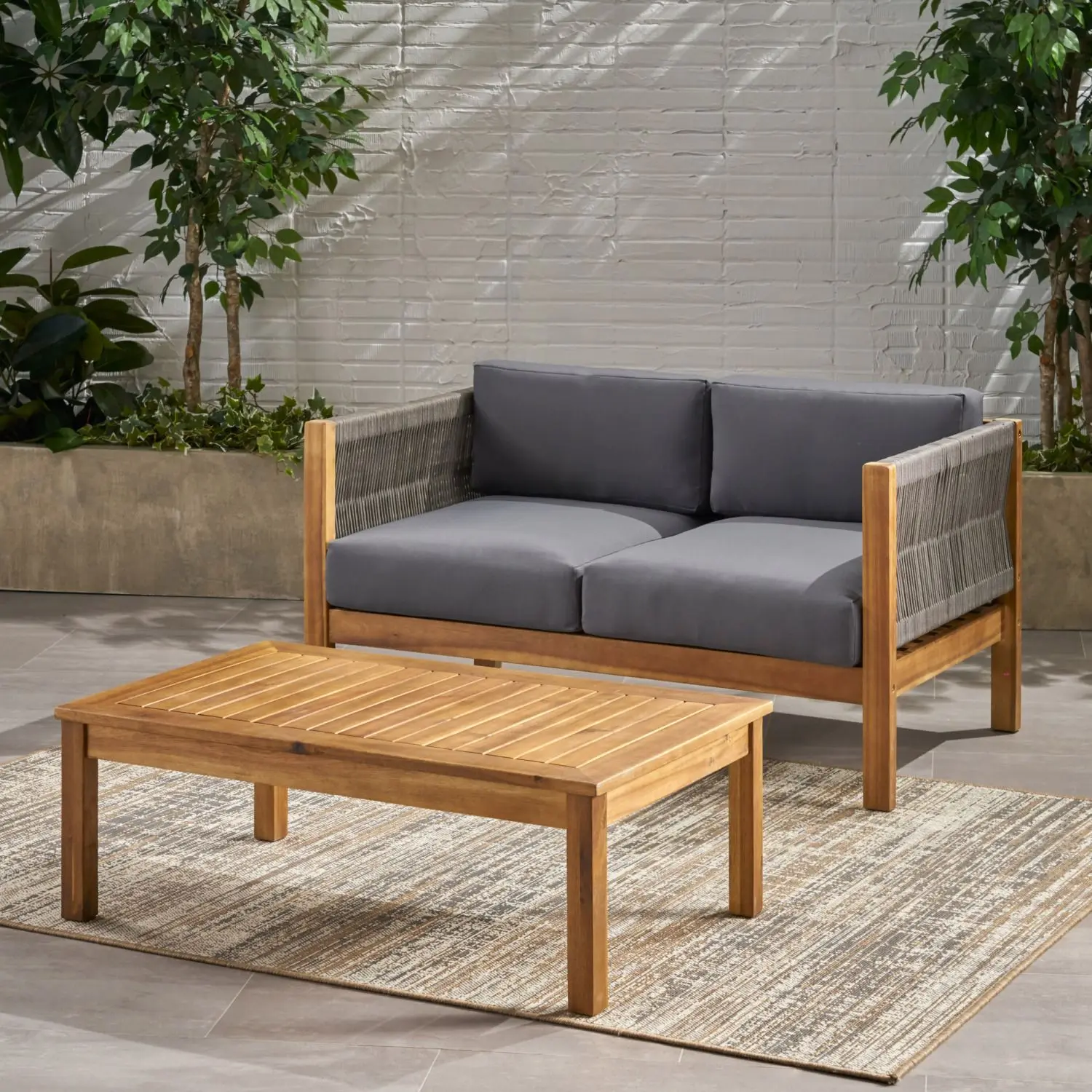Minimalistic Style Patio Loveseat Coffee Table Set Acacia Wood Frame Cushions for Garden Poolside Conversation Furniture