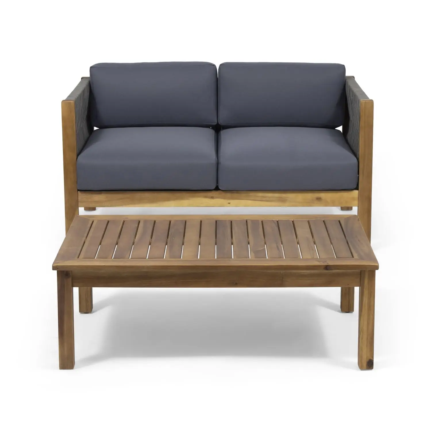 Minimalistic Style Patio Loveseat Coffee Table Set Acacia Wood Frame Cushions for Garden Poolside Conversation Furniture