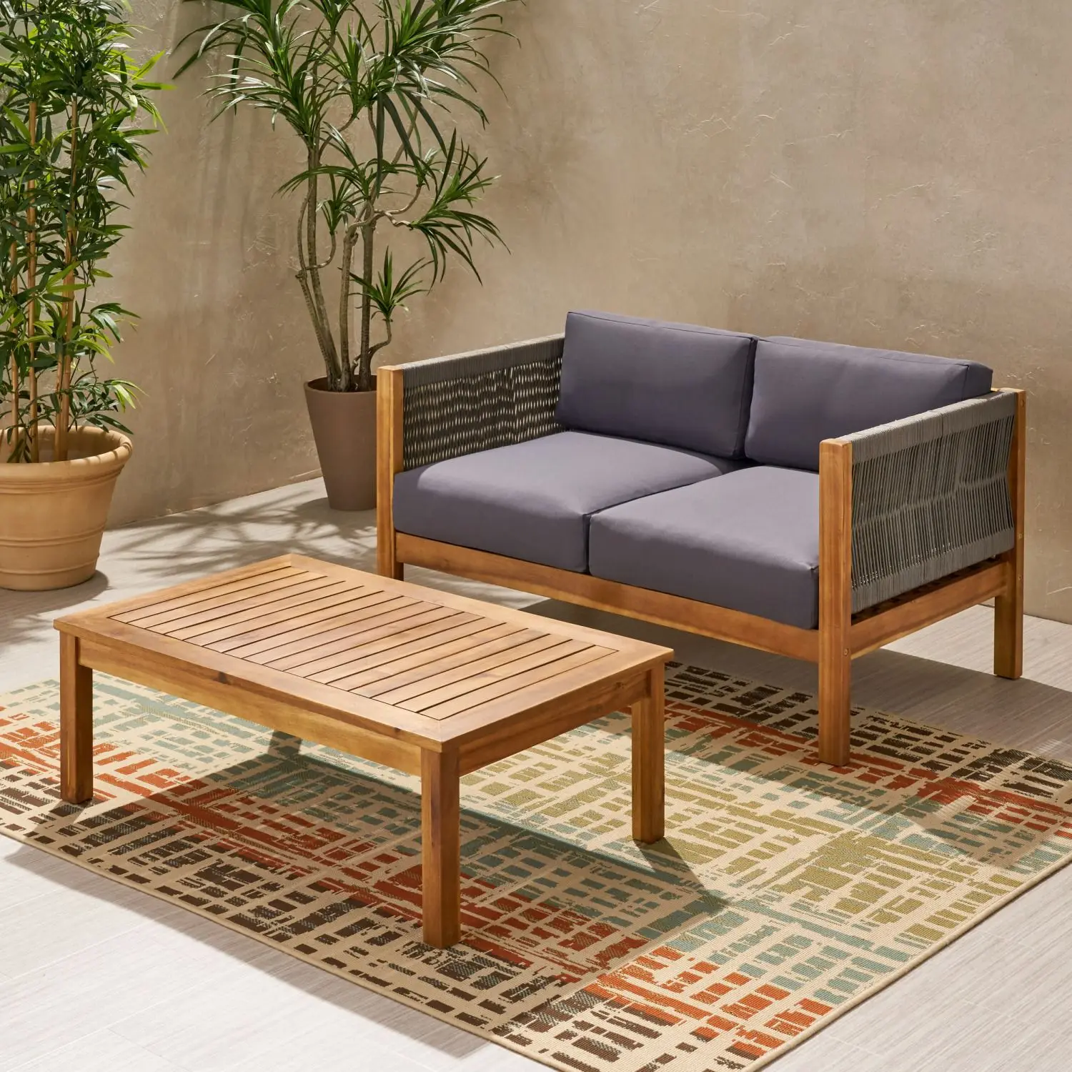 Minimalistic Style Patio Loveseat Coffee Table Set Acacia Wood Frame Cushions for Garden Poolside Conversation Furniture