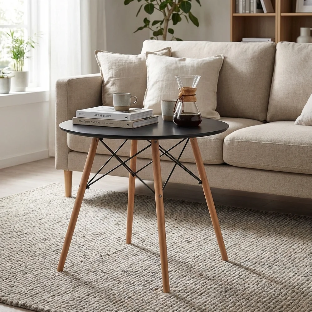 Wholesale Bulk Commercial Modern Round Cafe Side Table Bistro Table Black Top Wood Legs for Cafe Restaurant