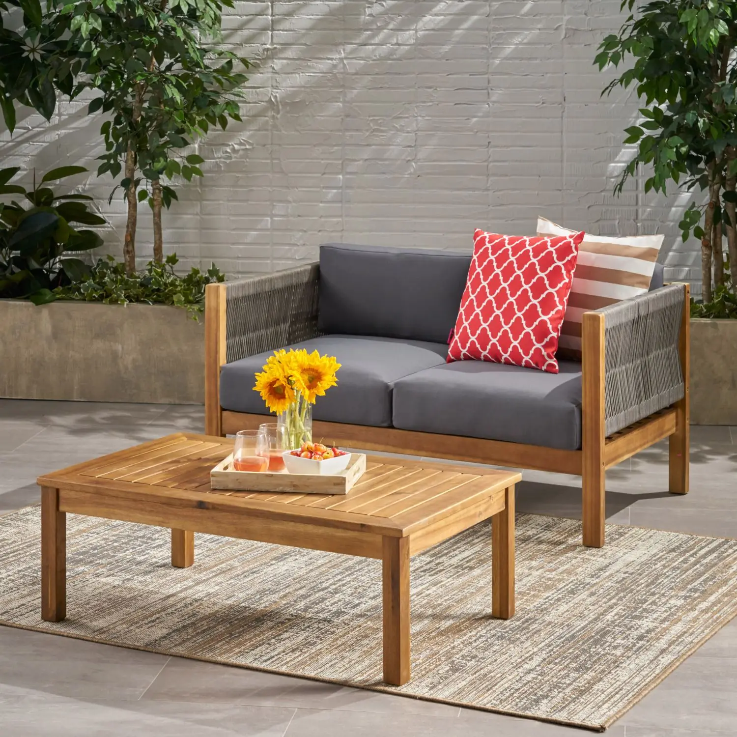 Minimalistic Style Patio Loveseat Coffee Table Set Acacia Wood Frame Cushions for Garden Poolside Conversation Furniture