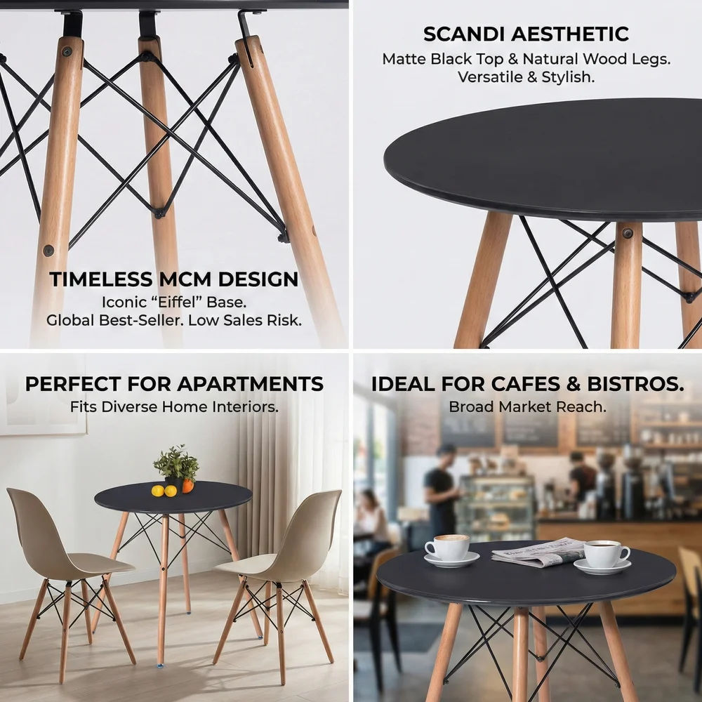 Wholesale Bulk Commercial Modern Round Cafe Side Table Bistro Table Black Top Wood Legs for Cafe Restaurant