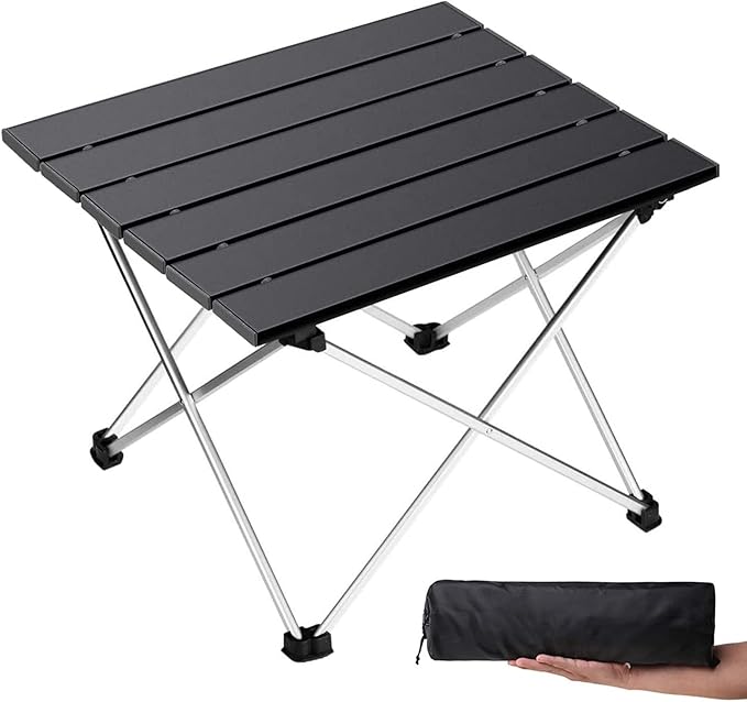 Portable Camping Table with Aluminum Table Top, Folding Beach Table Easy to Carry, Prefect for Outdoor, Picnic, BBQ, Cooking, Festival, Beach, Home Use (Black-S)