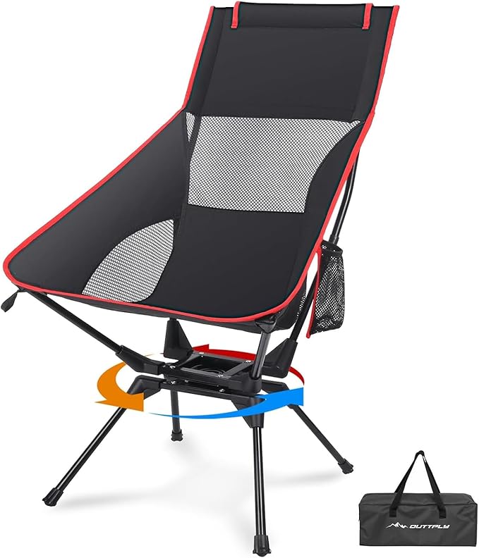 Camping Chair, High Back Folding Chair with Head Support, Side Cup Pocket, Stable Portable Outdoor Chair for Camp, Travel, Beach, Party, Fishing, Hiking, Backpacking, Black Red