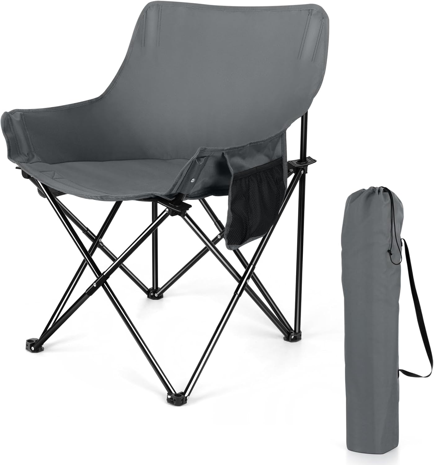  Outdoor Camping Chair for Adult, Large Portable Folding Moon Chairs with Carry Bag for Patio Beach, Fishing, Lawn and More Outdoor Sports, 600D Oxford Fabric & Heavy Duty Steel (2, Grey)