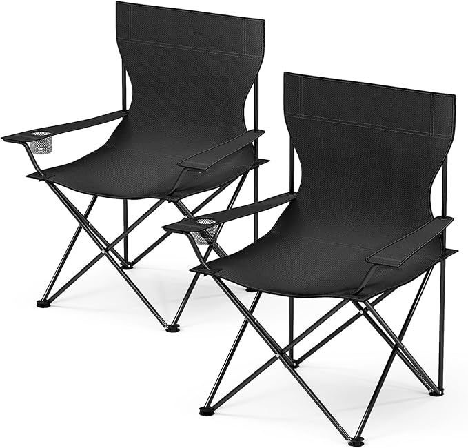 Portable Folding Black Camping Chair, 2-Pack