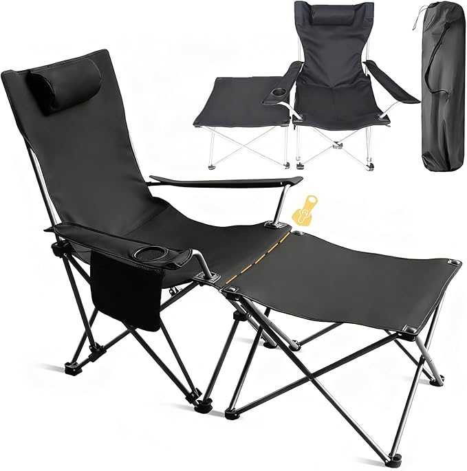 Portable Camping Chair with Footrest Folding Lounge Chair, Reclining Chair for Outside with Cup Holder, Side Pocket and Pillow, Heavy Duty Collapsible Chair for Sports,Outdoors & Lawns