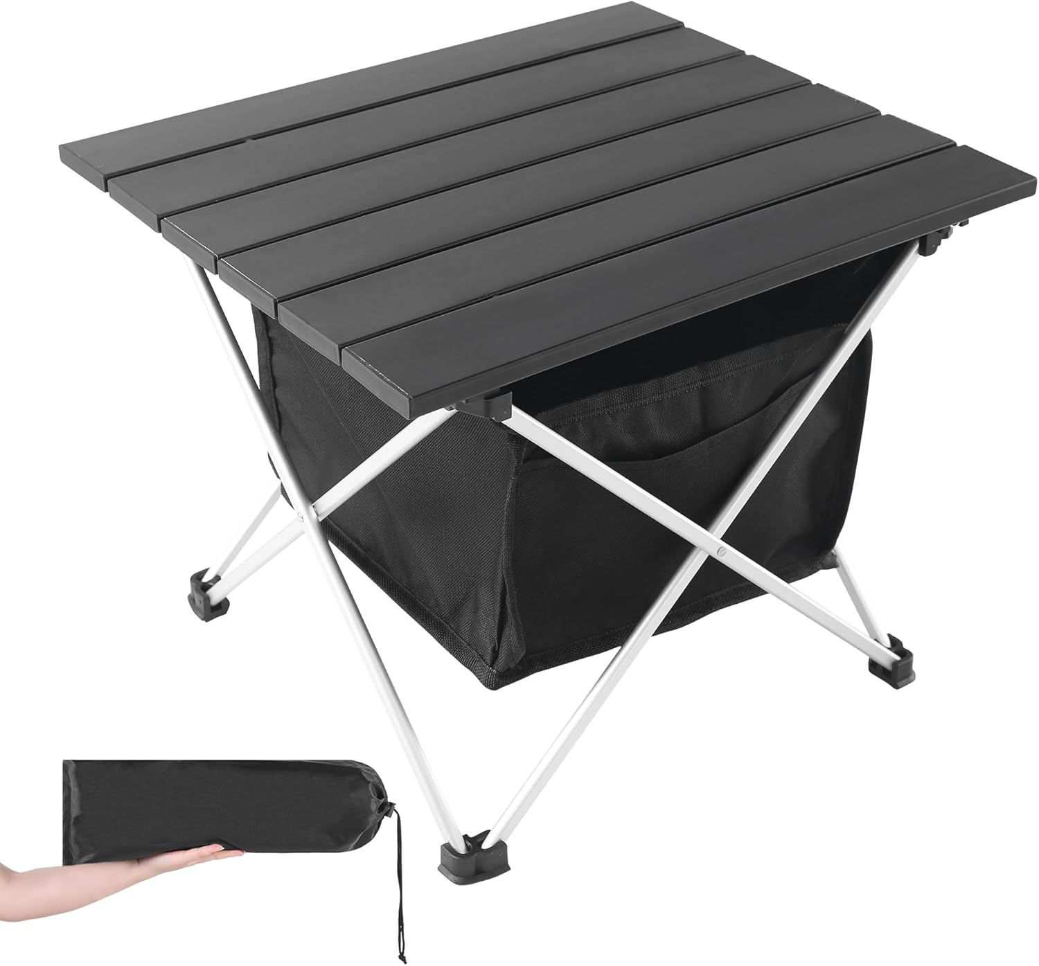 Portable Camping Table with Aluminum Table Top, Folding Beach Table Easy to Carry, Prefect for Outdoor, Picnic, BBQ, Cooking, Festival, Beach, Home Use (Black-S)