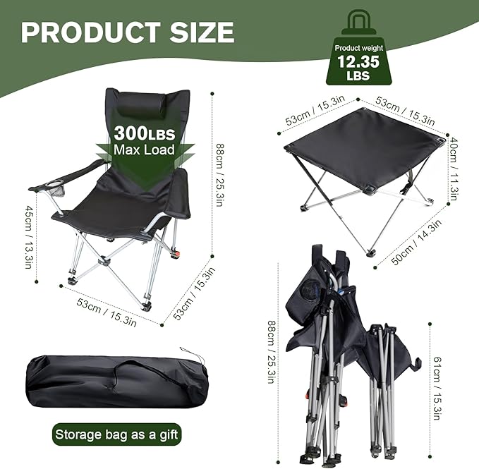 Portable Camping Chair with Footrest Folding Lounge Chair, Reclining Chair for Outside with Cup Holder, Side Pocket and Pillow, Heavy Duty Collapsible Chair for Sports,Outdoors & Lawns