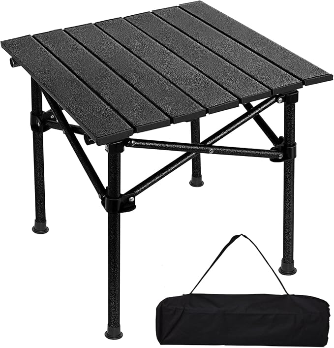 Folding Camping Table, 27.6 × 27.6 Inches Portable Camp Table Aluminum Fold Up Lightweight Roll Up Table with Carry Bag Indoor Outdoor for Camping, Picnic, Backyard, BBQ, Patio, Black