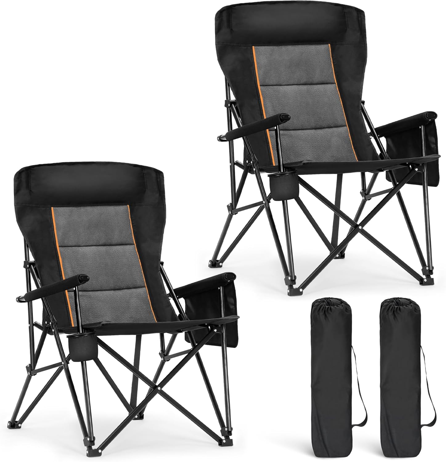 Heavy Duty High Back Camping Chairs with Cup Holder Oversized Folding Chair Outdoor Chair with Headrest,Lawn with Side Pocket for Lawn, Sports and Fishing, 500lbs