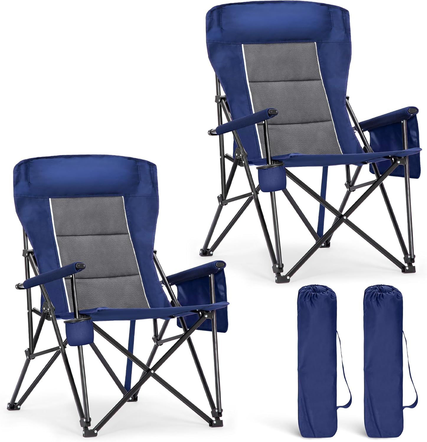 Heavy Duty High Back Camping Chairs with Cup Holder Oversized Folding Chair Outdoor Chair with Headrest,Lawn with Side Pocket for Lawn, Sports and Fishing, 500lbs