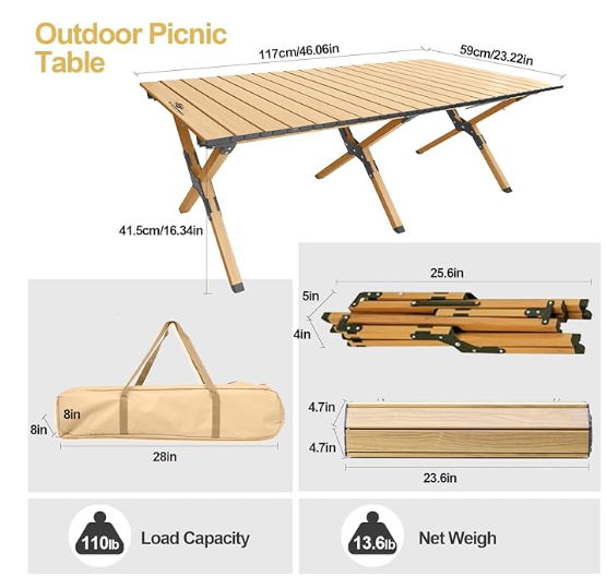 Folding Camping Table, Roll-Up Folding Table with Carry Bag, Portable Aluminum Picnic Table, Low Height Beach Table for Outdoor Use, Travel, BBQ & Hiking, Easy Assembly (Natural)