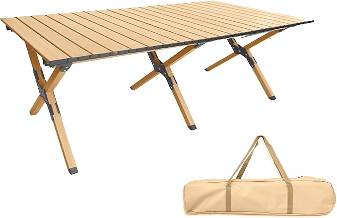 Folding Camping Table, Roll-Up Folding Table with Carry Bag, Portable Aluminum Picnic Table, Low Height Beach Table for Outdoor Use, Travel, BBQ & Hiking, Easy Assembly (Natural)