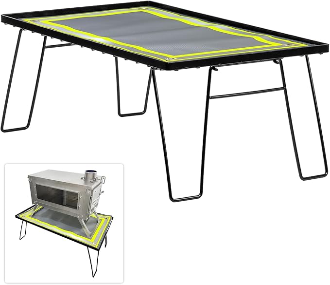 Wood Stove Table for Camping Tent Stove Table Folding Stove Base with Mat Portable Steel (23.6''×13.8'')