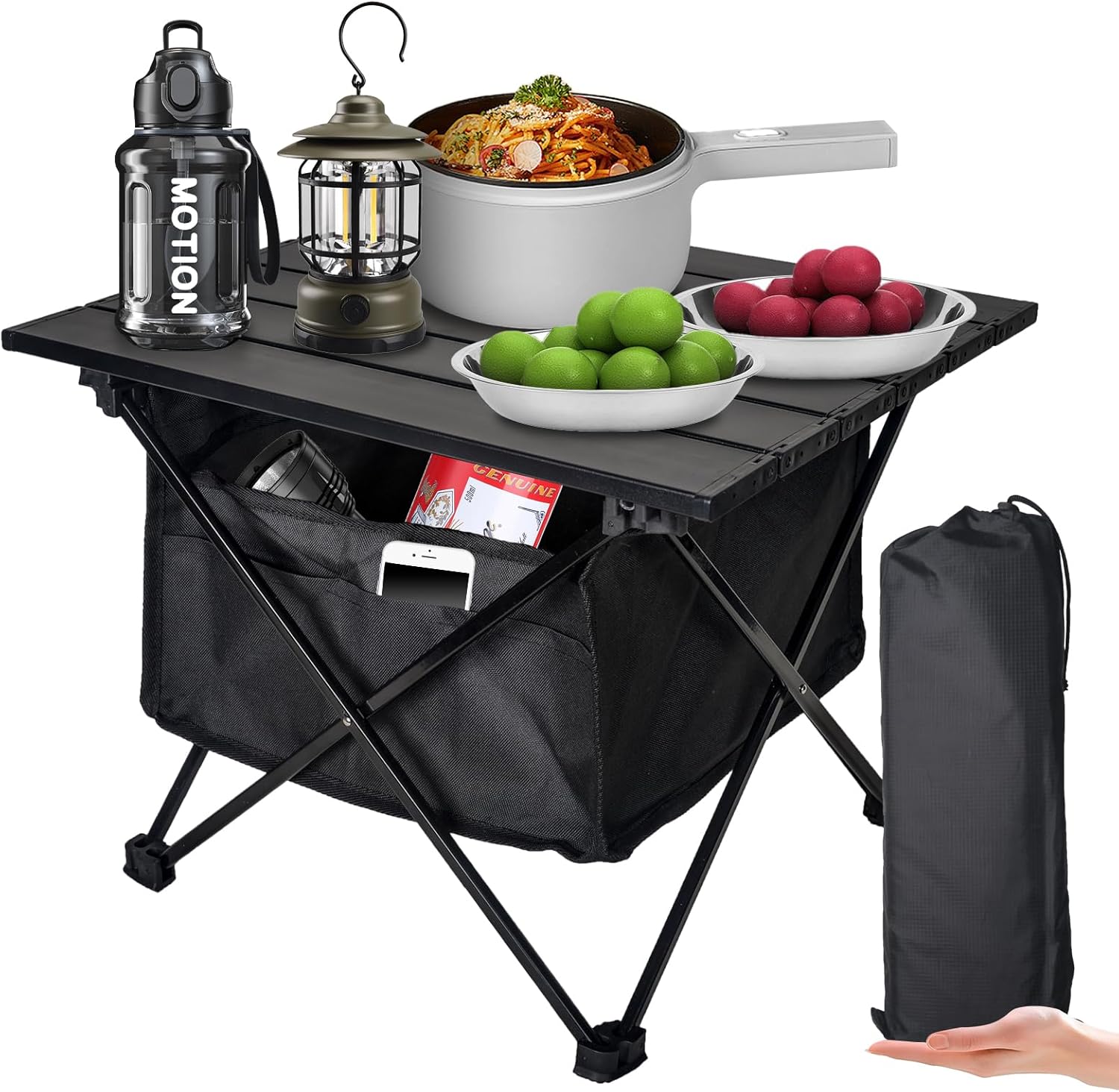 Foldable Camping Side Table, Ultralight Small Beach Aluminum, Portable Outdoor Table with Carry Bag and Storage for Picnic, Grill, Hiking, Fishing, Sand, Camping, Black