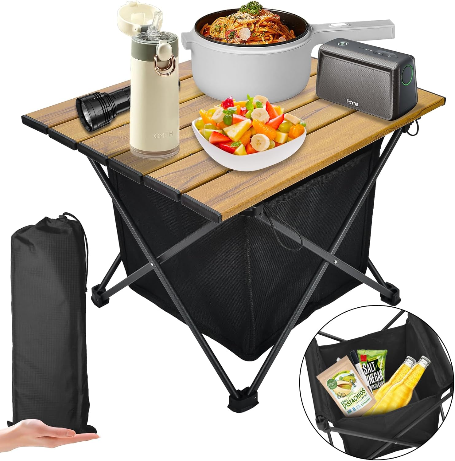 Foldable Camping Side Table, Ultralight Small Beach Aluminum, Portable Outdoor Table with Carry Bag and Storage for Picnic, Grill, Hiking, Fishing, Sand, Camping, Black