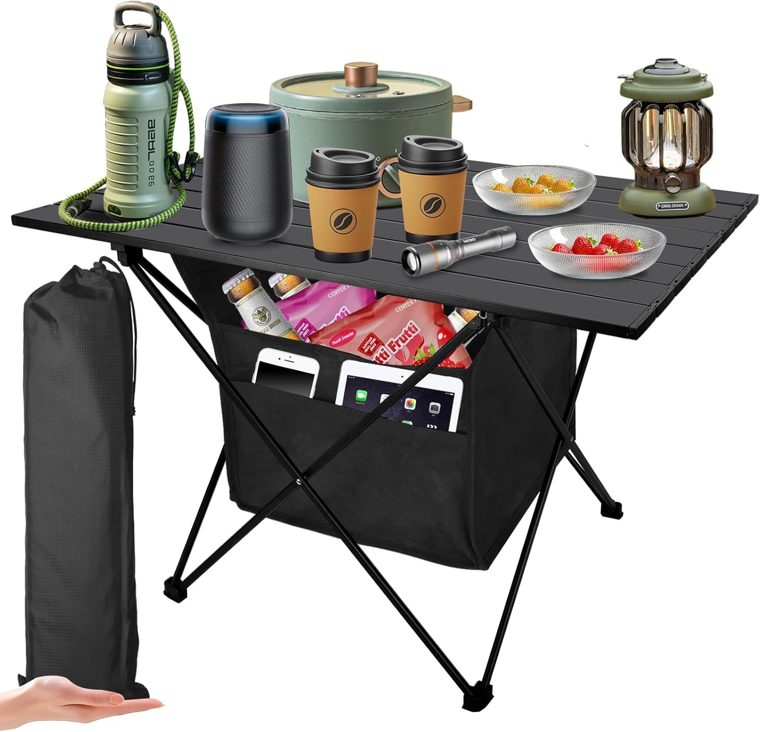 Foldable Camping Side Table, Ultralight Small Beach Aluminum, Portable Outdoor Table with Carry Bag and Storage for Picnic, Grill, Hiking, Fishing, Sand, Camping, Black