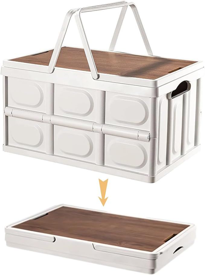 30L Collapsible Picnic Basket Foldable Folding Camping Box with Lid and Handle Collapsible Storage Bin with Waterproof Fabric Plastic Waterproof Storage Basket for Camping Picnic Home Outdoor, White