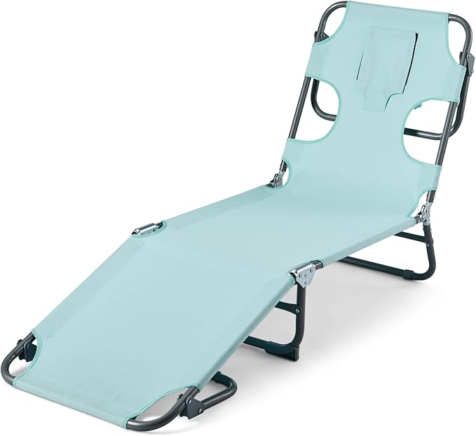  Outdoor Lounge Chair, Foldable Design with Multi-Angle Backrest, Blue, 1-Pack