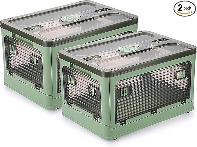 2 Pack Plastic 4 Doors Collapsible Storage Bins with Lid & Wheels