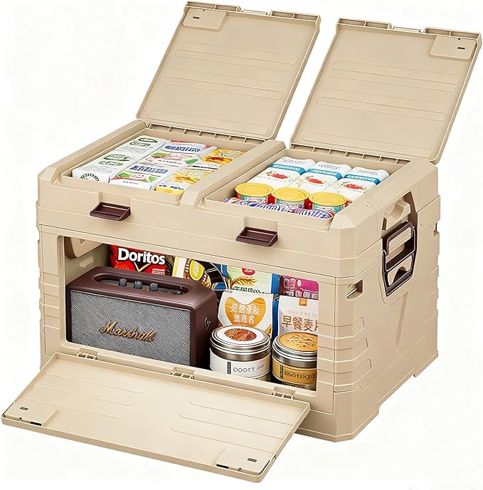 Greenery 60L Foldable Storage Box with handles, Double-Layer Storage Box with Lids ideal for Camping, Daily Items, Snacks, Clothing Storage, Tools