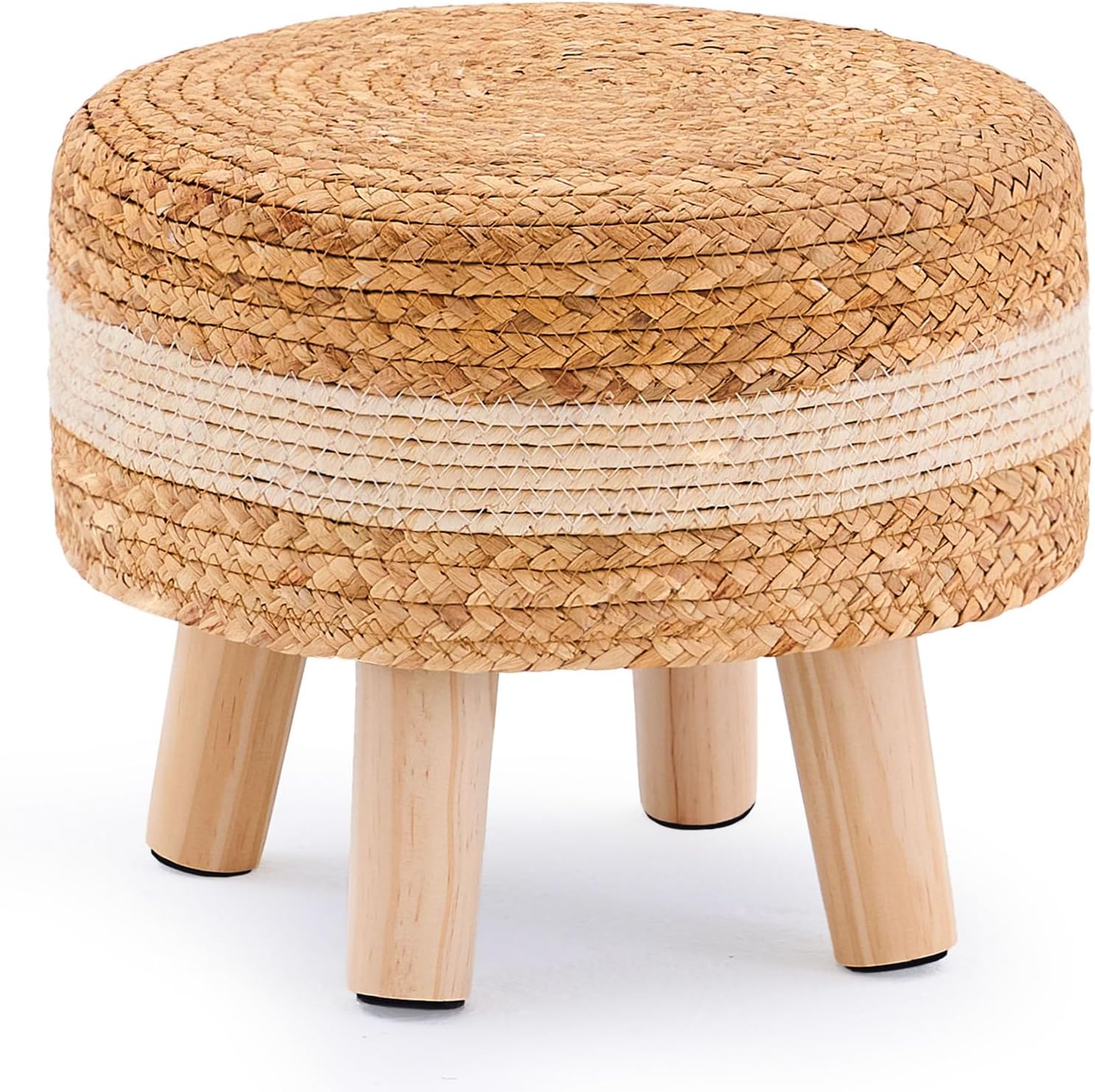 Handwoven Outdoor  Footstool with Wood Legs