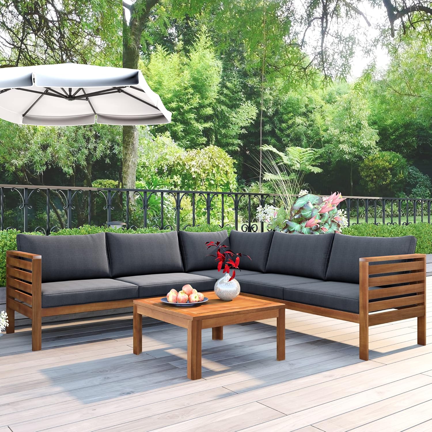 Outdoor Sofa Set with Grey Cushions, Acacia Wood Structure