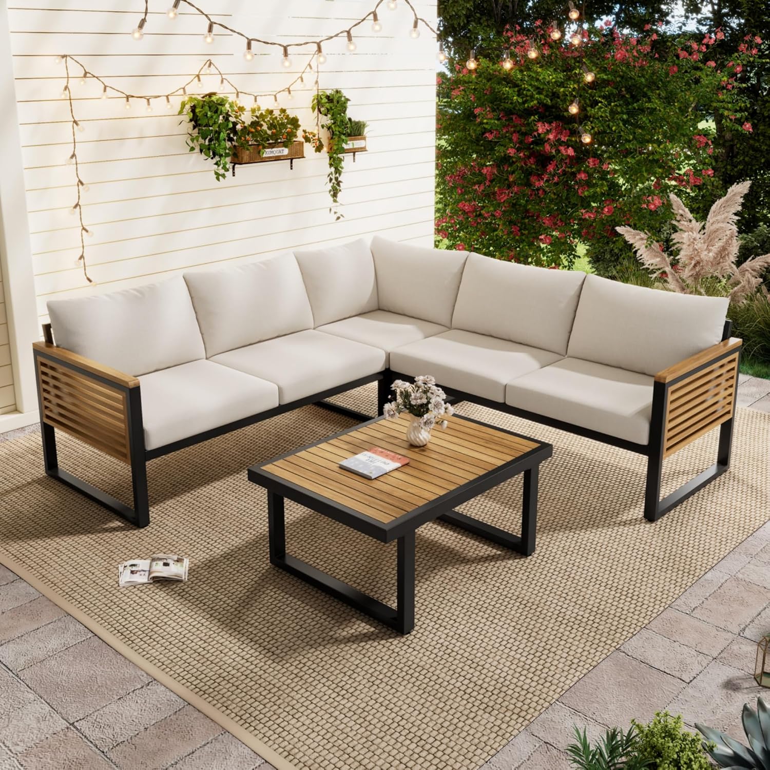 4pcs Acacia Wood L-Shaped Patio Couch Furniture with Removable Cushions, Coffee Table