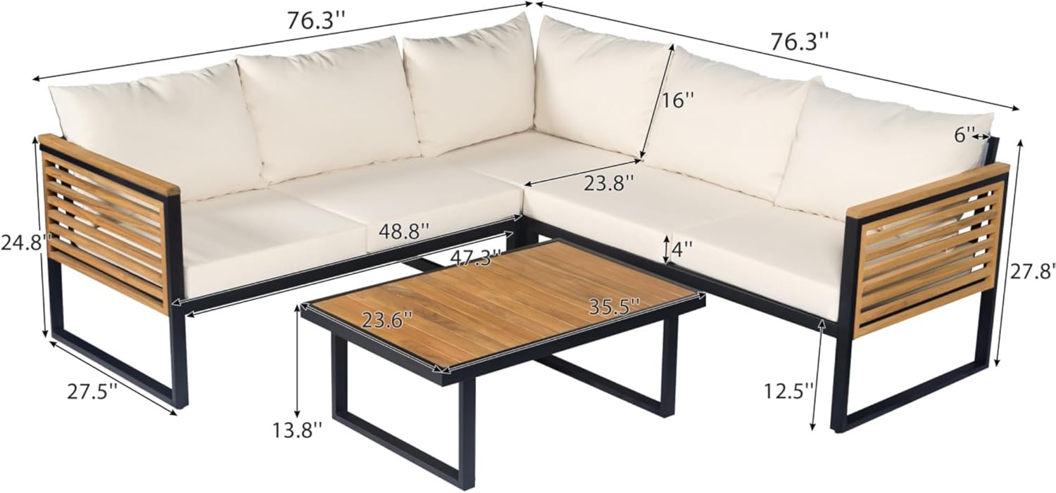 4pcs Acacia Wood L-Shaped Patio Couch Furniture with Removable Cushions, Coffee Table