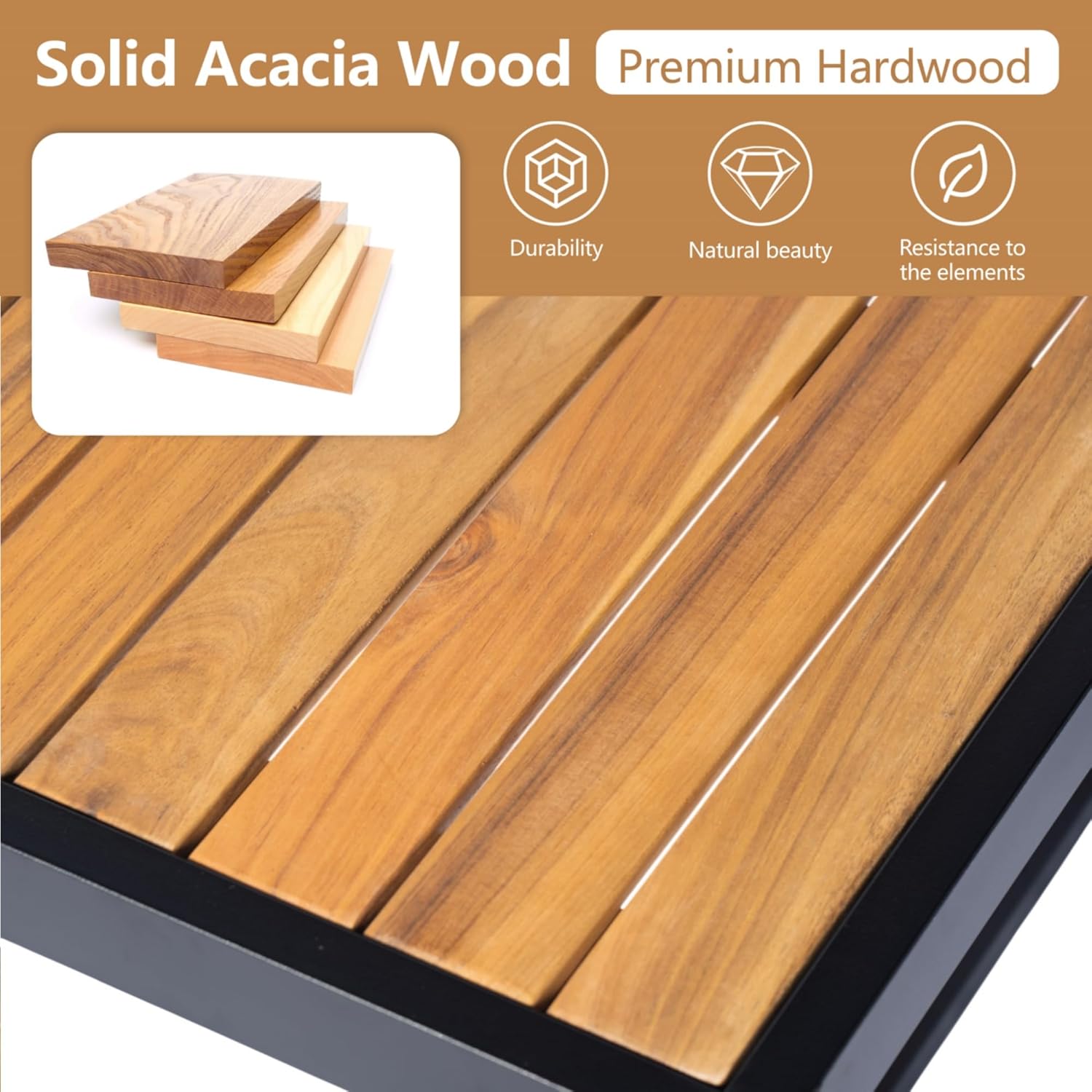 4pcs Acacia Wood L-Shaped Patio Couch Furniture with Removable Cushions, Coffee Table