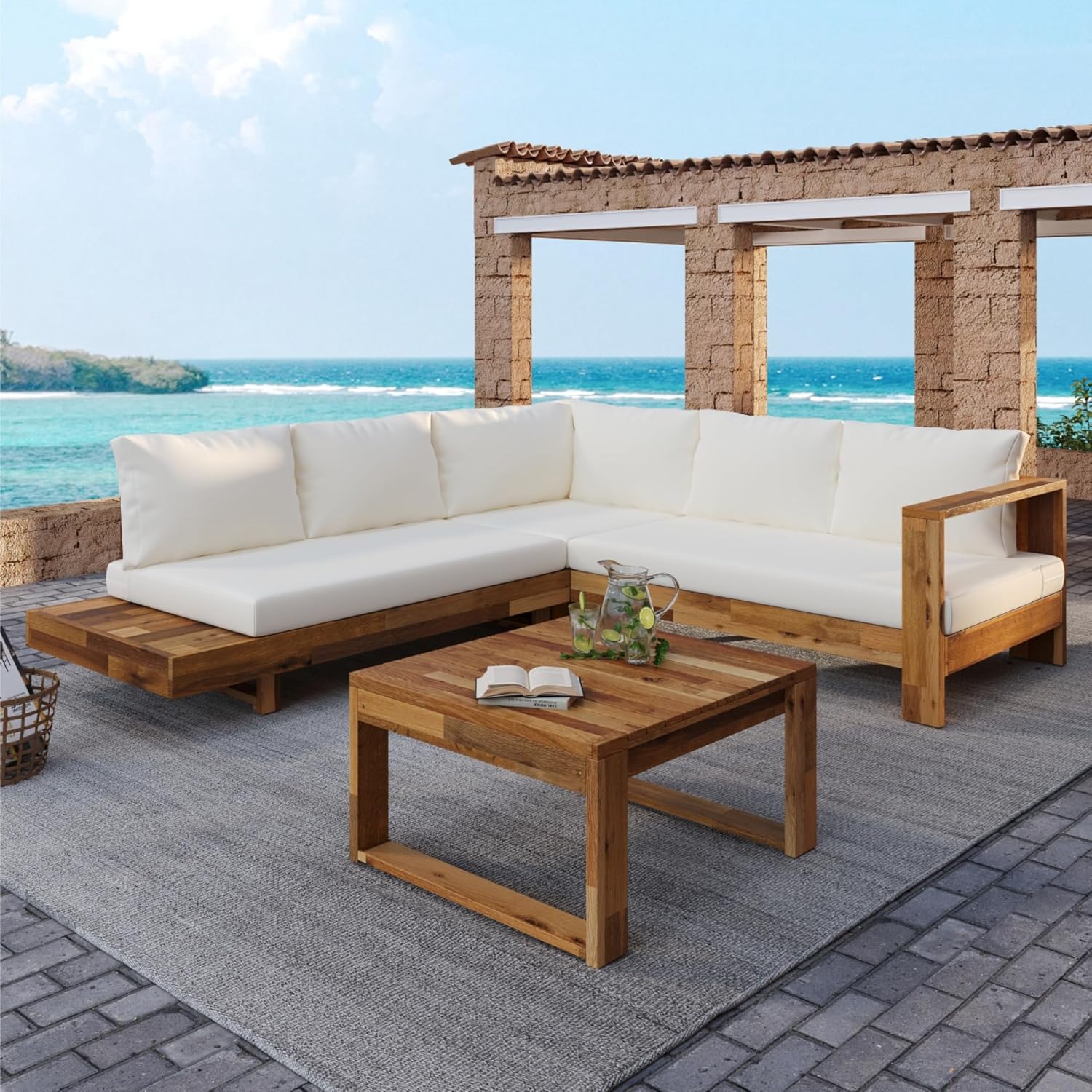 4pcs Acacia Wood L-Shaped Patio Couch Furniture with Removable Cushions, Coffee Table & Side Table
