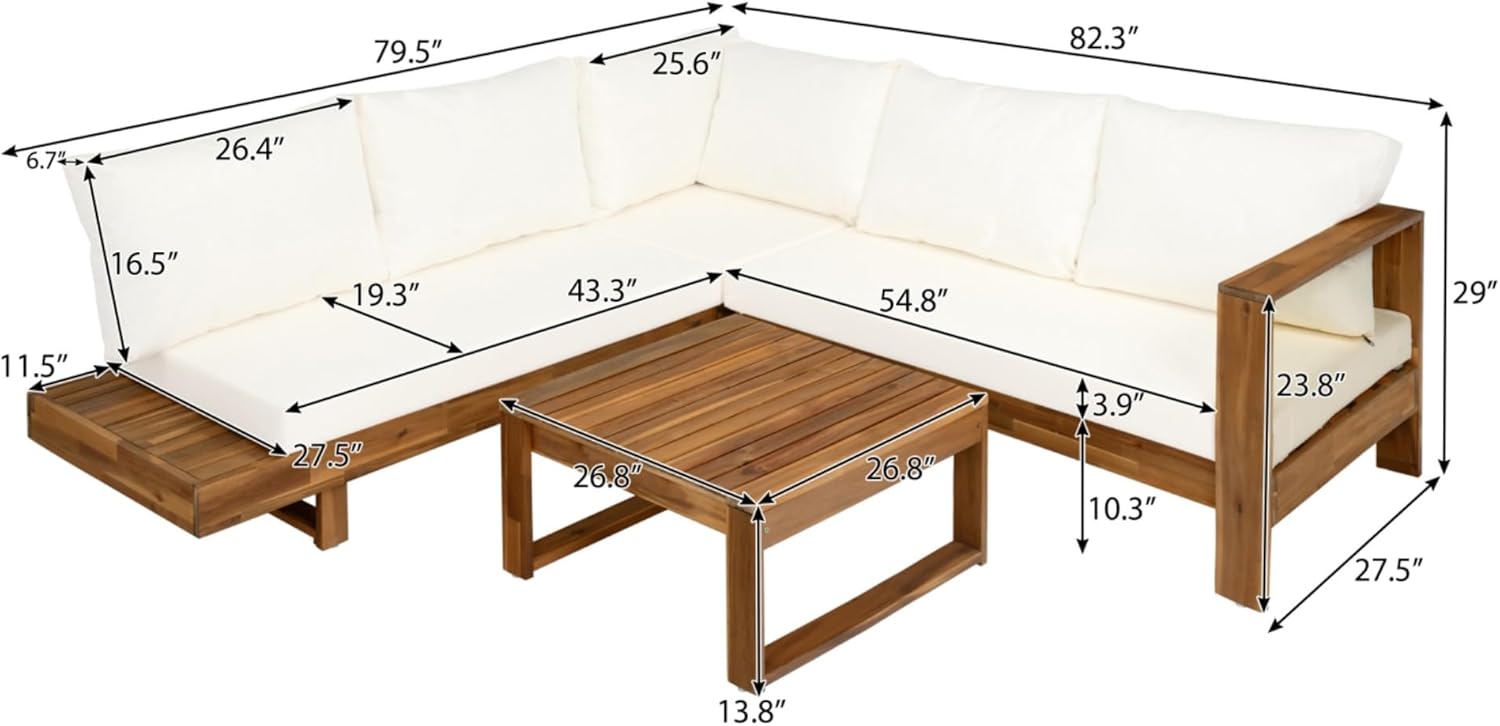 4pcs Acacia Wood L-Shaped Patio Couch Furniture with Removable Cushions, Coffee Table & Side Table