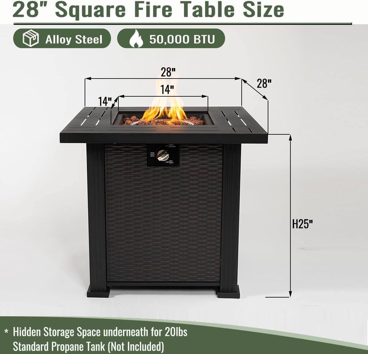 28 Inch Propane Fire Pit, 50000 BTU Square Steel Gas Fire Pits with Lid