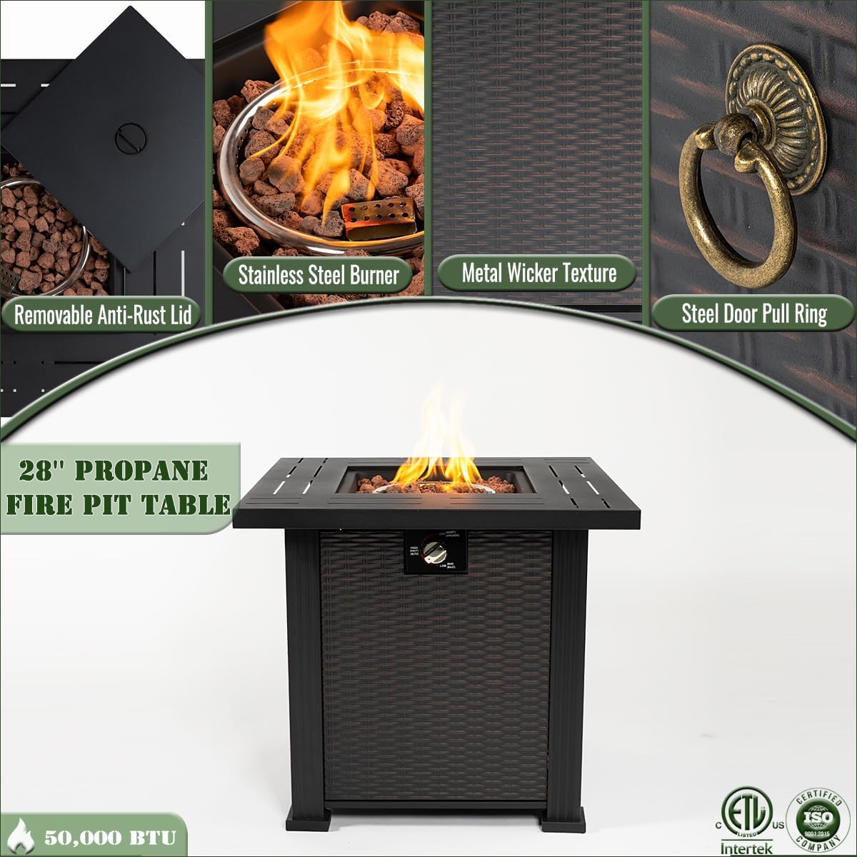 28 Inch Propane Fire Pit, 50000 BTU Square Steel Gas Fire Pits with Lid