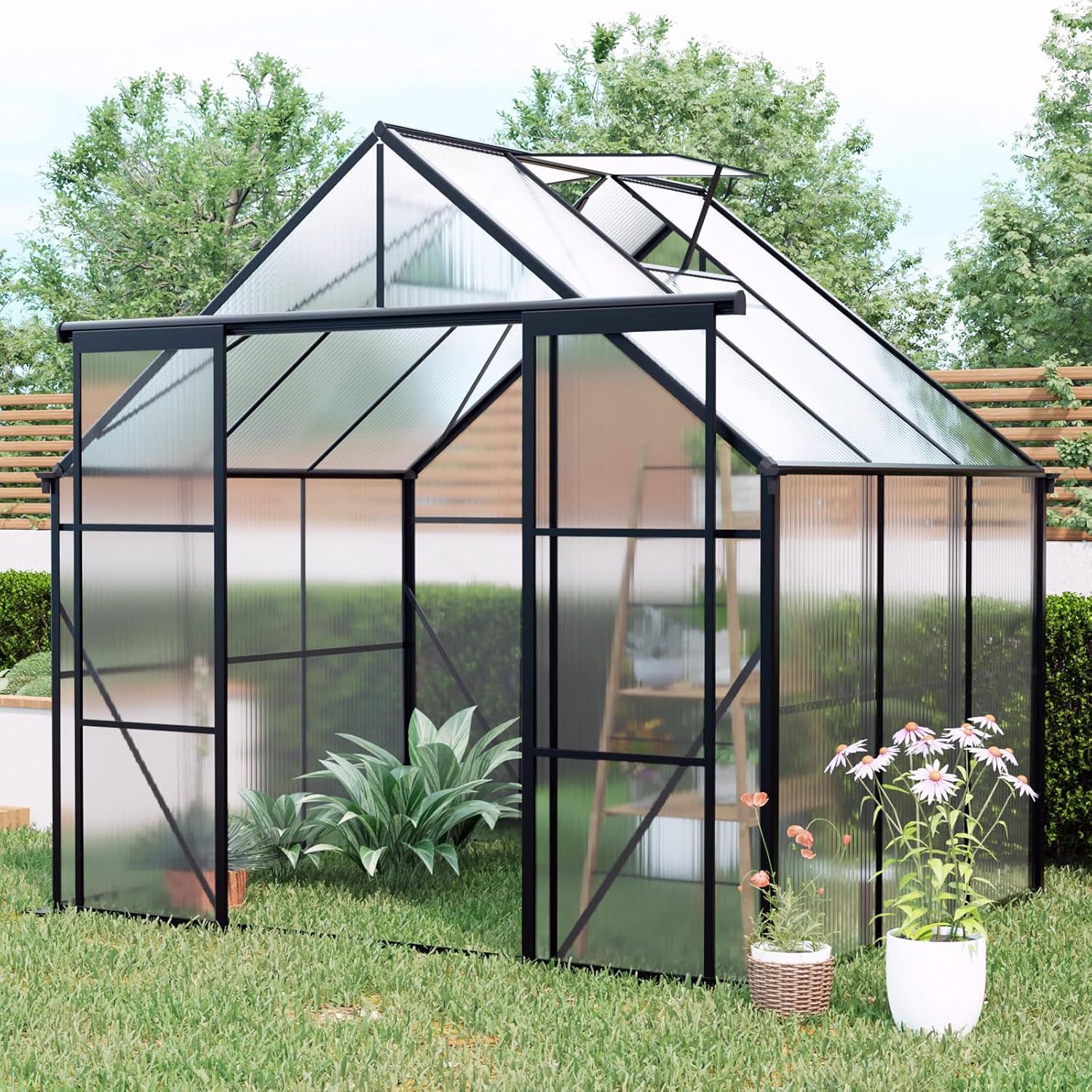 8x6 FT Double Door Polycarbonate Greenhouse Raised Base and Anchor Aluminum 