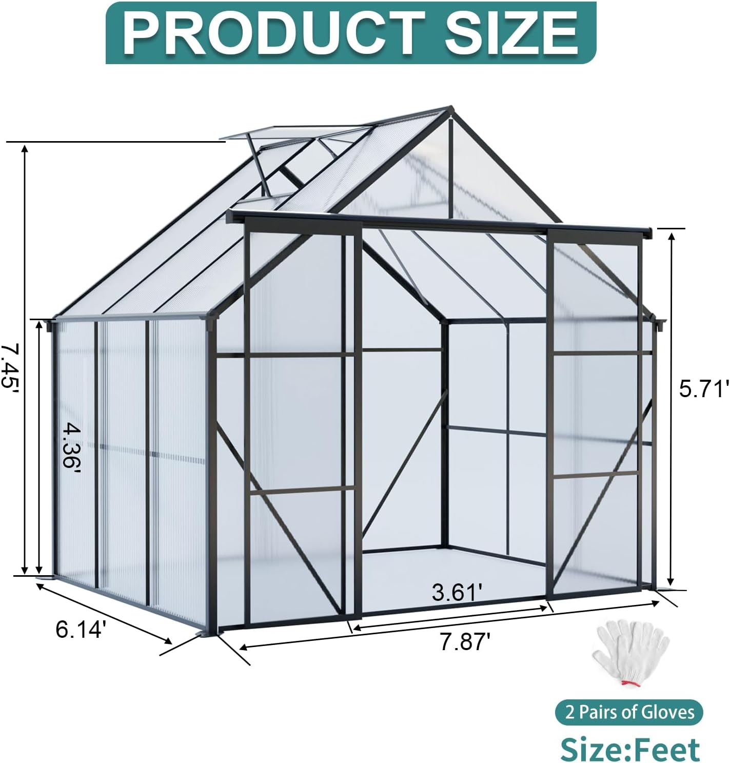 8x6 FT Double Door Polycarbonate Greenhouse Raised Base and Anchor Aluminum 
