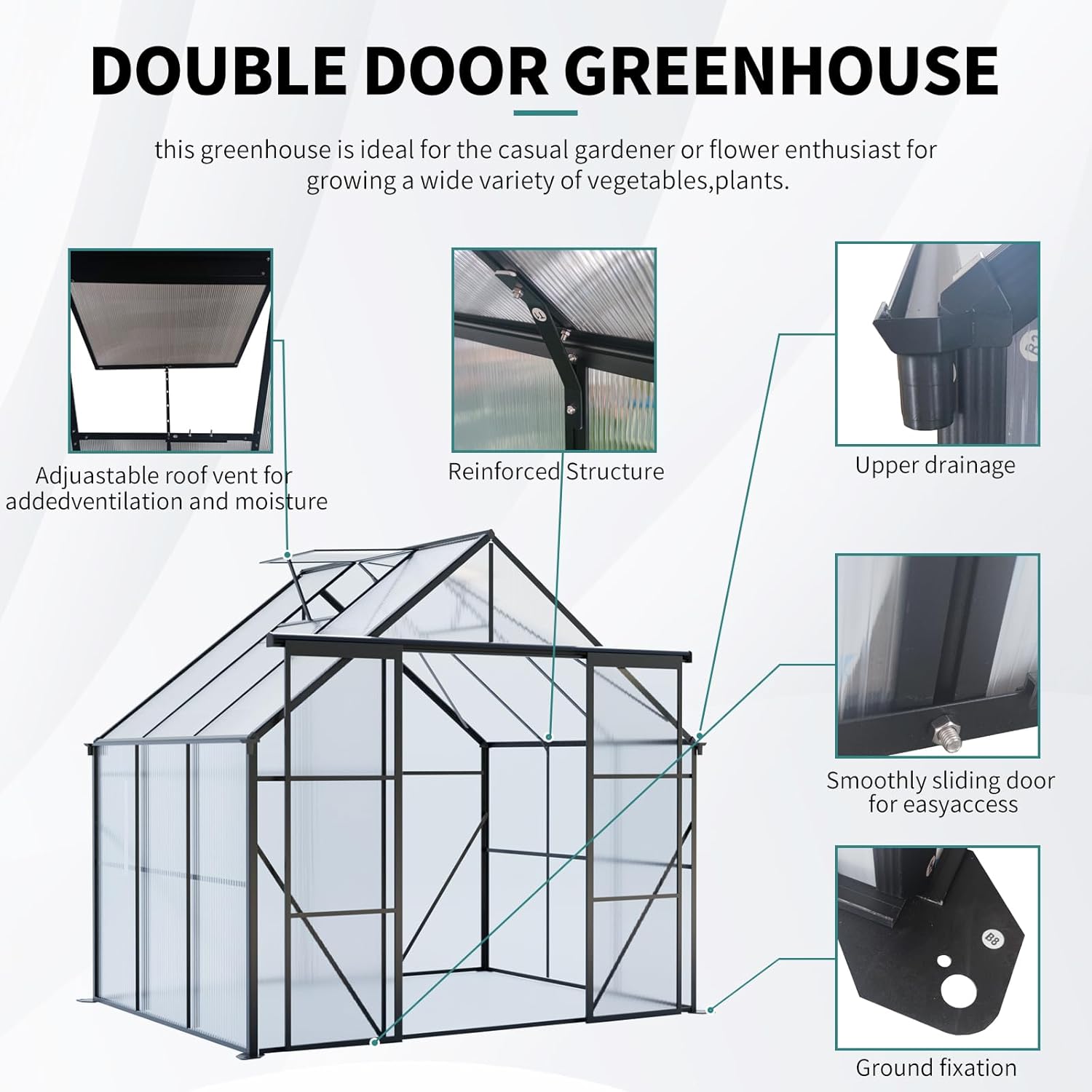 8x6 FT Double Door Polycarbonate Greenhouse Raised Base and Anchor Aluminum 