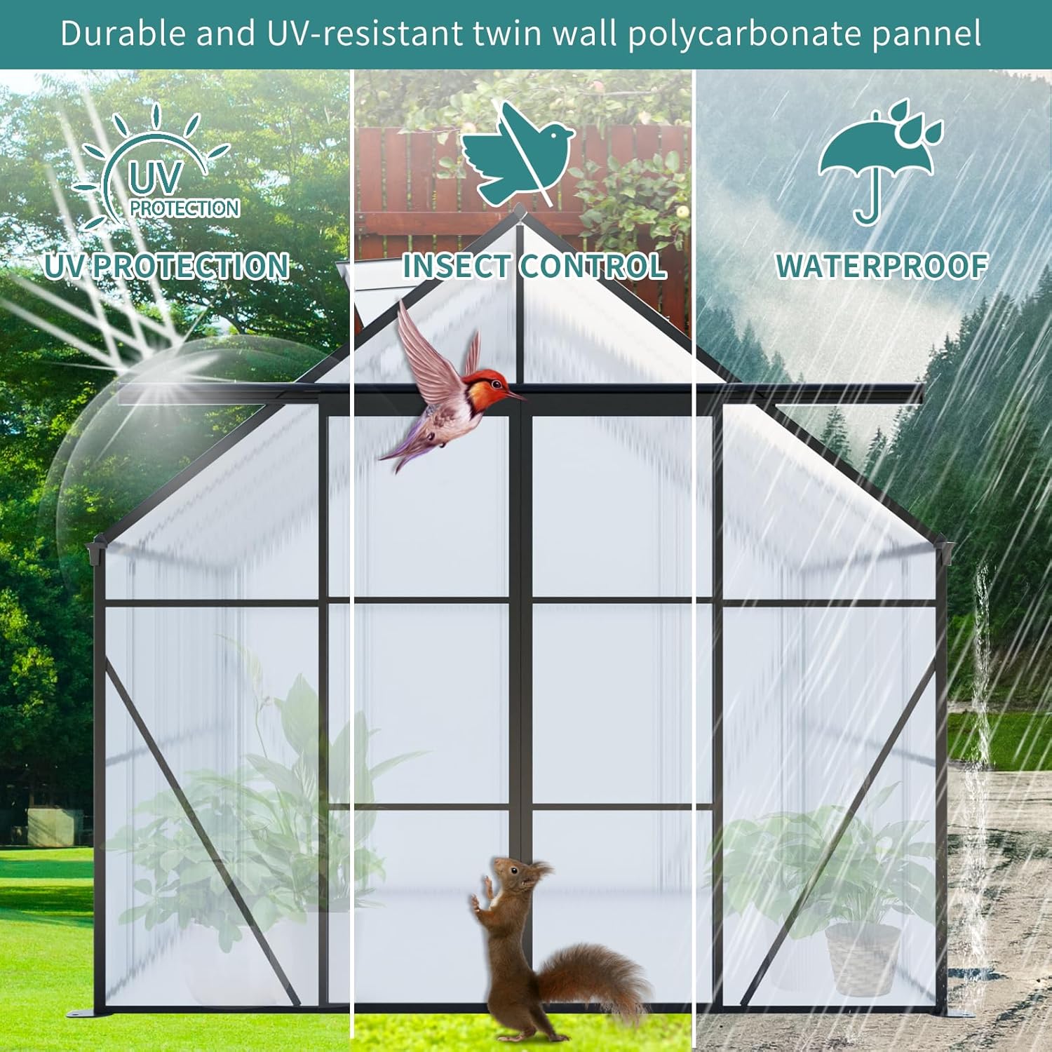 8x6 FT Double Door Polycarbonate Greenhouse Raised Base and Anchor Aluminum 