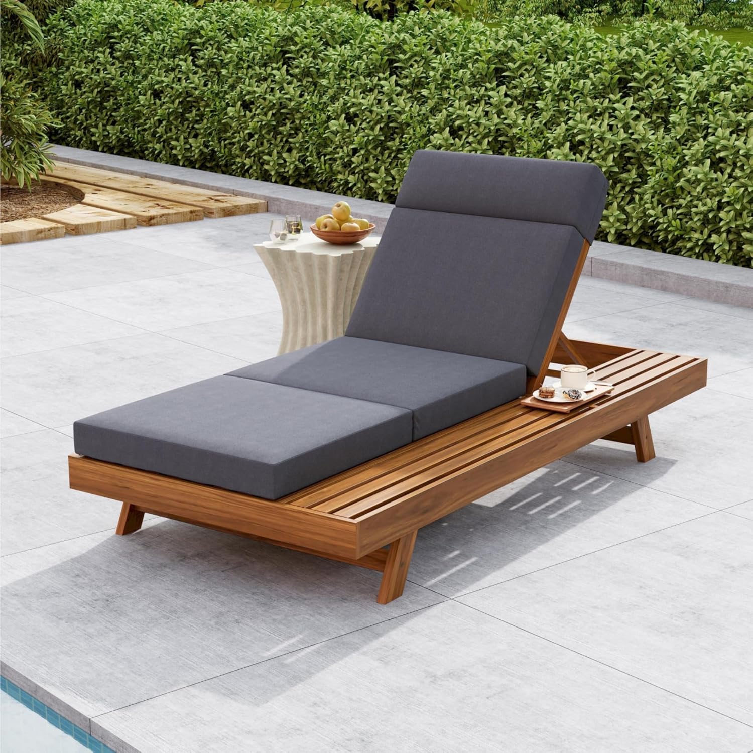 Outdoor Lounge Chair Set, Acacia Wood Tanning Bed with Headrest, Water-Resistant Reclining Chair Cushions